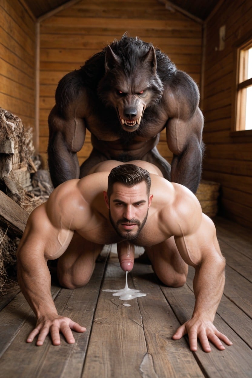 Low Detail, Cum Dripping From Werewolfs Cock Flaccid Penis, Poorly Rendered AI Gay Porn