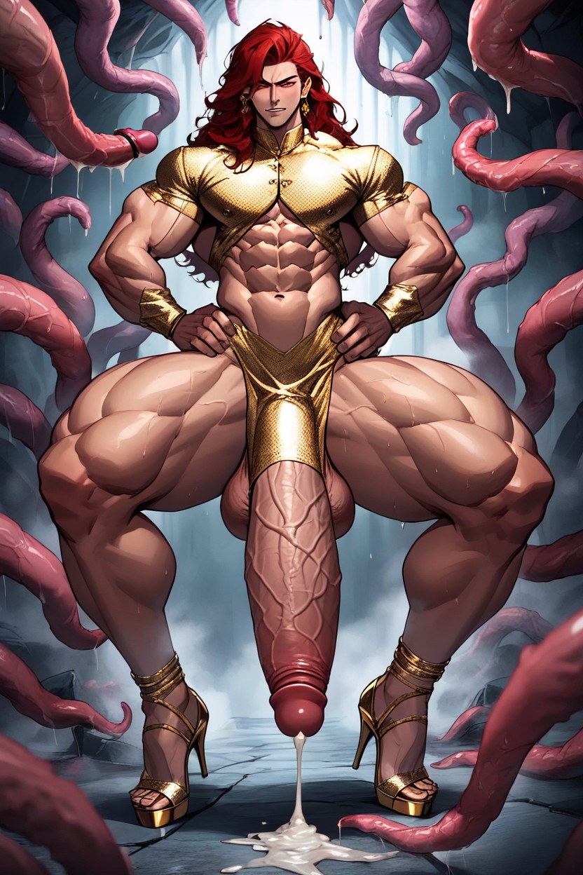 Long Wavy Red Hair, Gigantic Bulge, Muscular AI Gay Porn