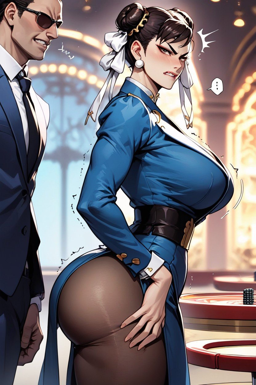 Blue Business Suit, Chun-li, Faceless Man GrinningPorno AI