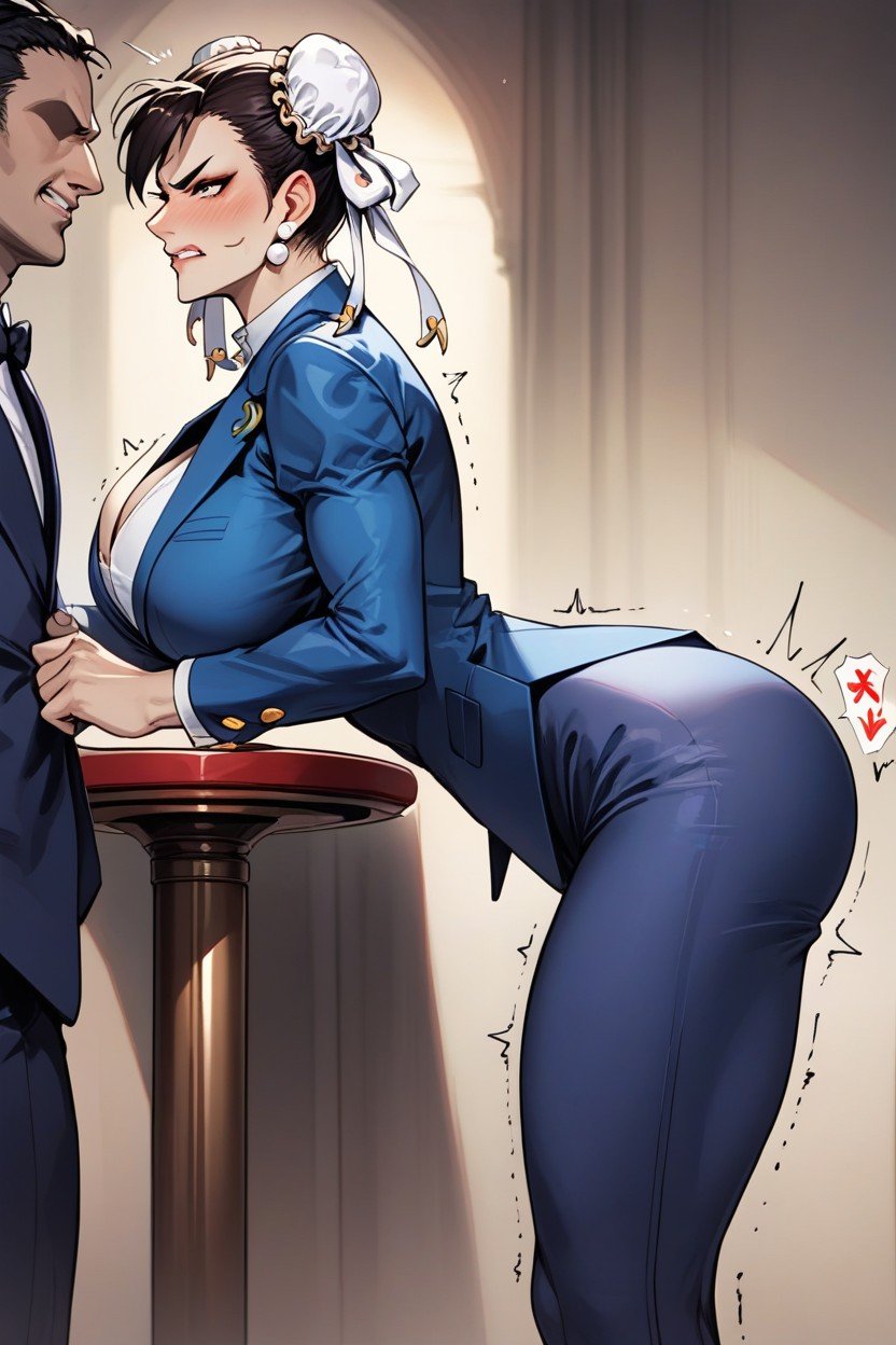 Biting Lips, Faceless Man Smirk, Blue Business Suit AI Porn