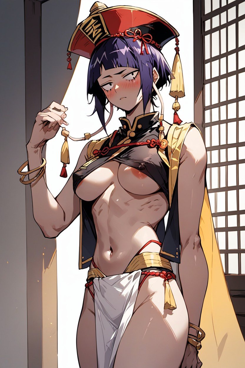 Yellow Paper Texture Jiangshi Talismans Underboob Ancessory, Jiangshi Loincloth, Sleepy Eyes헨타이 AI 포르노