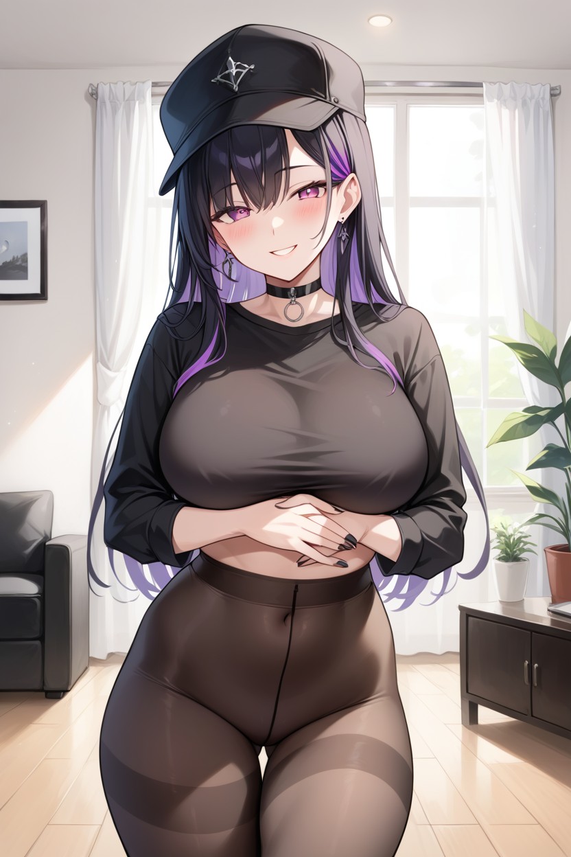 Small Breast, Wearing A Black Long Sleeved Shirt, Hair With Purple Highlights AI Porn