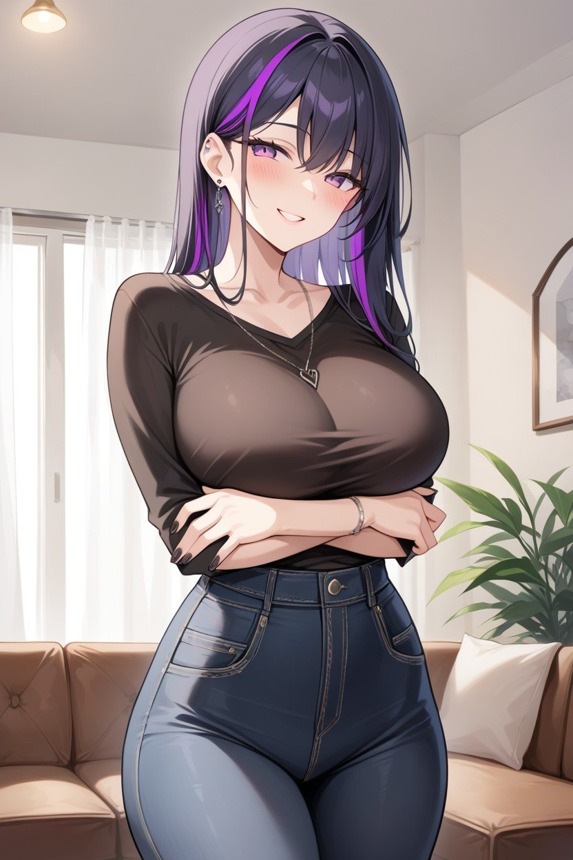 Hair With Purple Highlights, Arms Crossed, And Black Jeans AI Porn