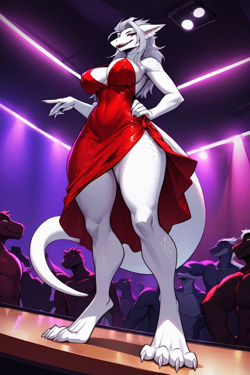 Silver Hair, Full Body, Red Dress Furry AI Porn