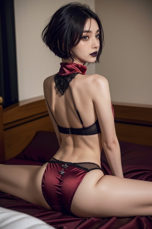 분할(후면 시점), Leather Collar Dark Bedroom Red Silk Sheets Pubic Hair, Emo퍼리 AI 포르노