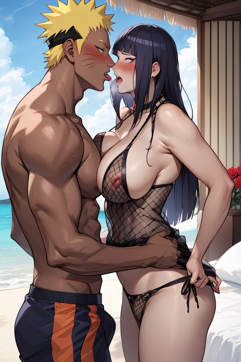 Hands Lifting Fishnet Shirt And Nightgown Dress, Blushing, Fishnet Breast Press Hentai AI Porn