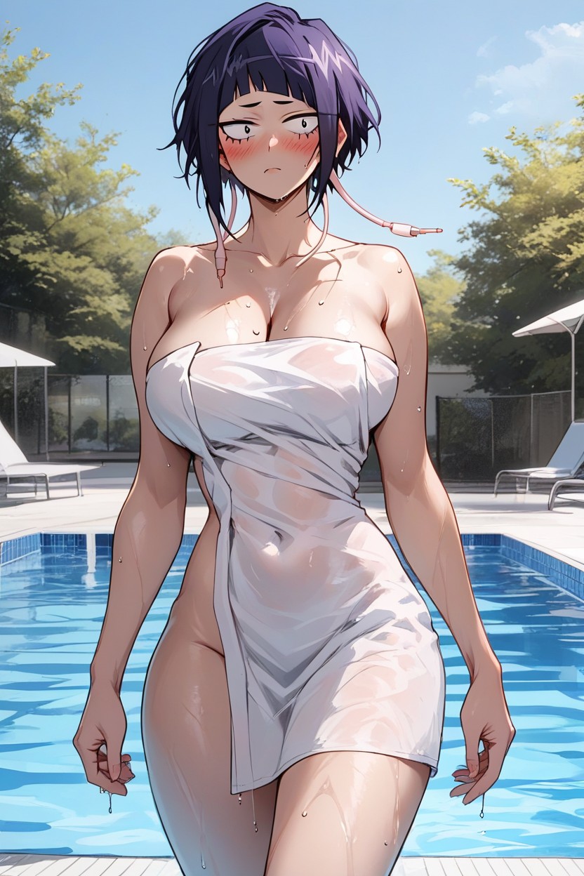 Use Hands Wants Cover Her Boobs, Large Breasts, Blurred School Indoor Swimming Pool Background Hentai IA pornografia