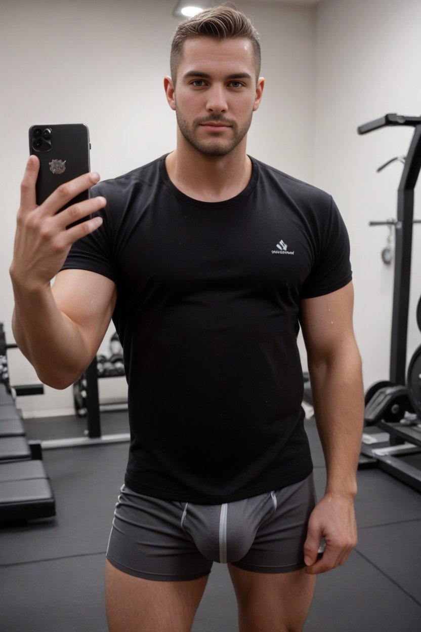 European Man, Selfie, Man Wear Black T-shirt And Grey Sportwear Trouser Furry AI Porn