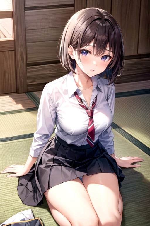 School Uniform, Kneeling, Lifting Skirt Hentai AI Porn