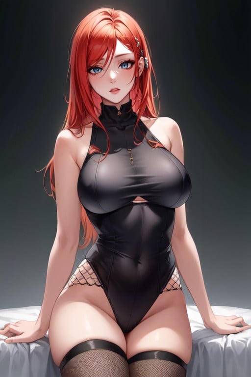 Black Thighhighs, Hdr Kushina Uzumaki From Naruto Series Long Cheveux Roux Et Les Yeux Bleus Voir Debout Le Corps Complet Habiller Avec Le Vtements Fishnet Bodysuit, Toeless Legwear Non Censure Hentai AbsヘンタイAIポルノ