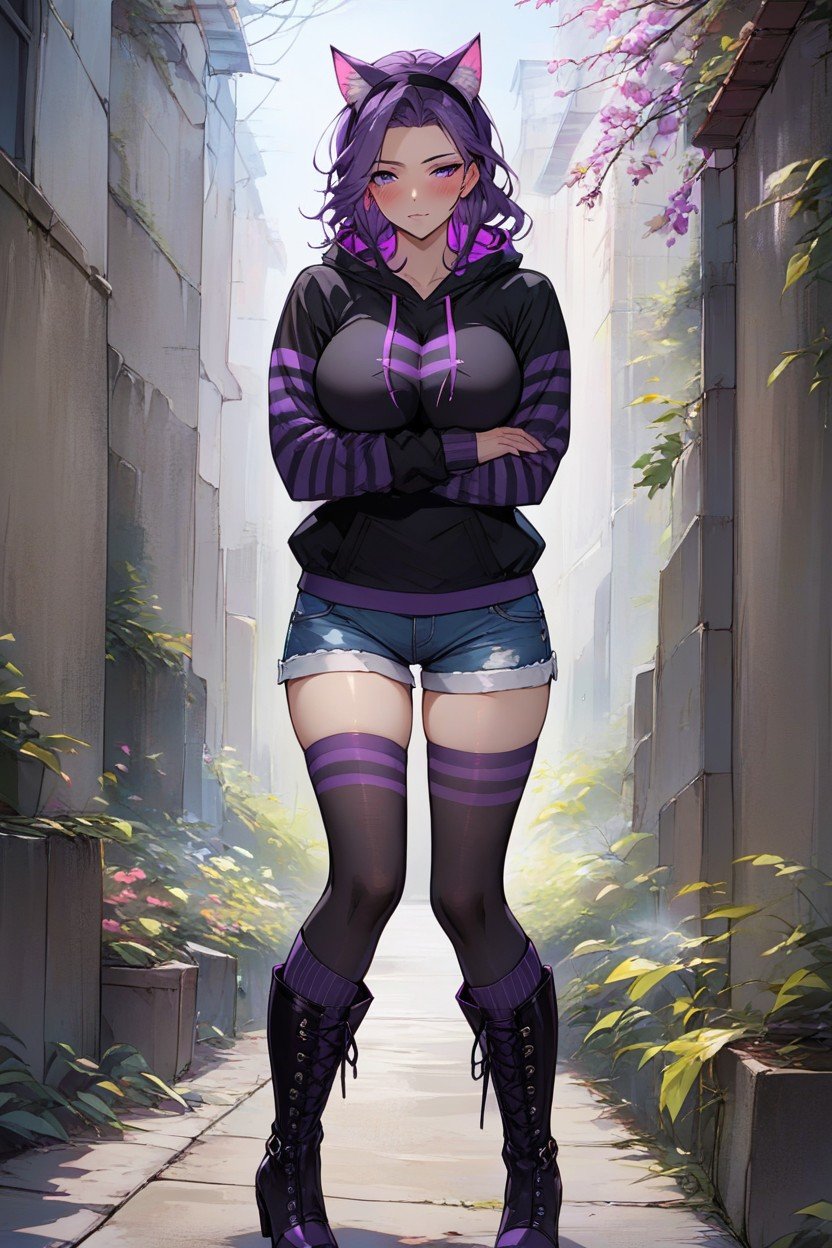 雙臂交叉, Purple Hair, Black Jean ShortsAI黃漫