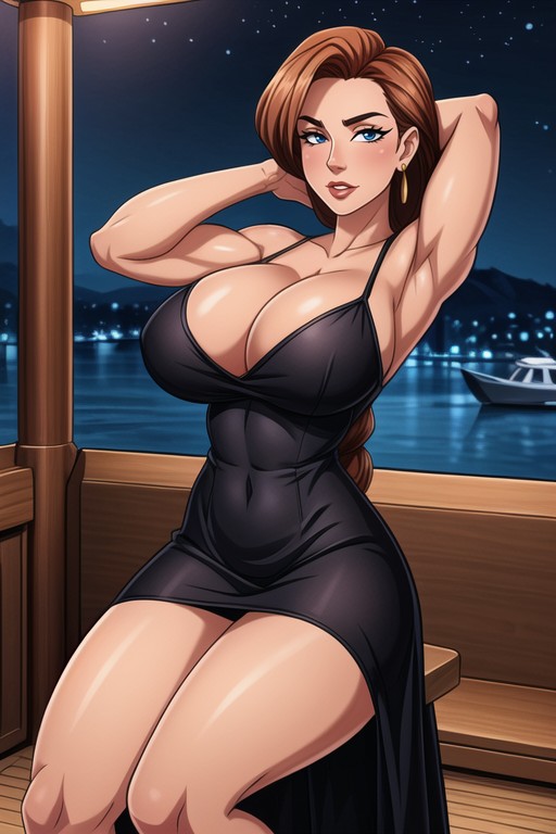 Tits, Huge Muscle Woman With Huge Biceps, In A Revealing Black Cocktail Dress At A Yacht Party At Night Hentai AI Porn