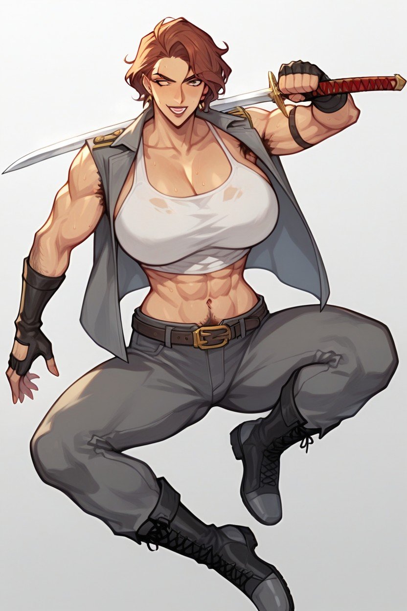 Based On The Image Of A Spartan Type, And Her Eyebrows Are Slightly Thick Clothing Her Outfit Is A Loose Fitting White Tank Top That Shows Her Belly Button, Details A Female Character AroundAI黄漫