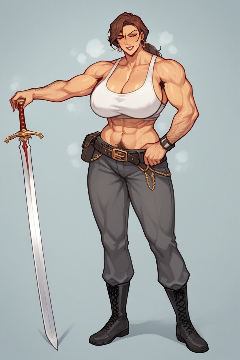 "its Way Too Early To Try To Beat Me!" Appearance Slightly Muscular Build With Large Breasts Cm Tall Her Body Hair Is Reddish Brown, Dark Gray Military Pants Her Belt Should Be Leather Her Shoes Should Be Black Military Boots The Outfit Is Just Based On A Rough Image, Based On The Image Of A Spartan Type헨타이 AI 포르노