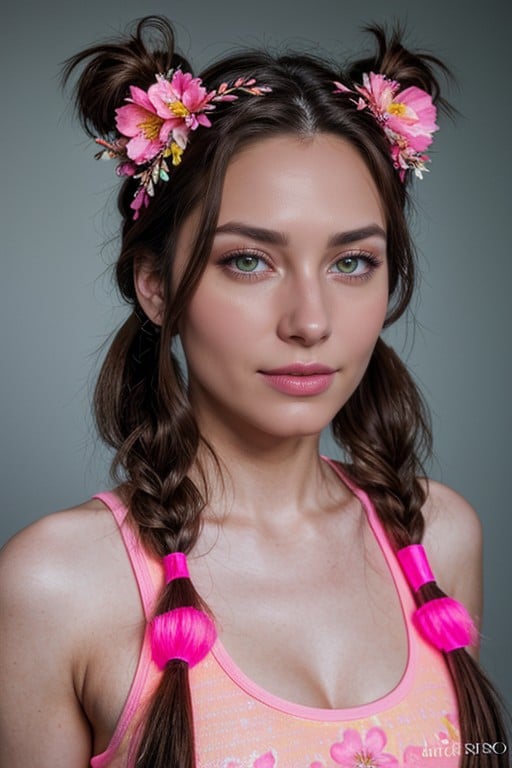 Brunette, Flower Crown, Pink Eyes AI Porn