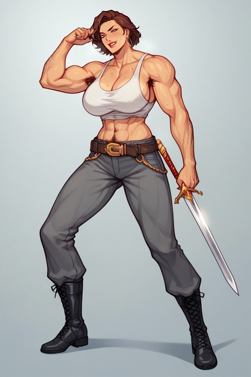 And Her Eyebrows Are Slightly Thick Clothing Her Outfit Is A Loose Fitting White Tank Top That Shows Her Belly Button, Dark Gray Military Pants Her Belt Should Be Leather Her Shoes Should Be Black Military Boots The Outfit Is Just Based On A Rough Image, Based On The Image Of A Spartan Type헨타이 AI 포르노