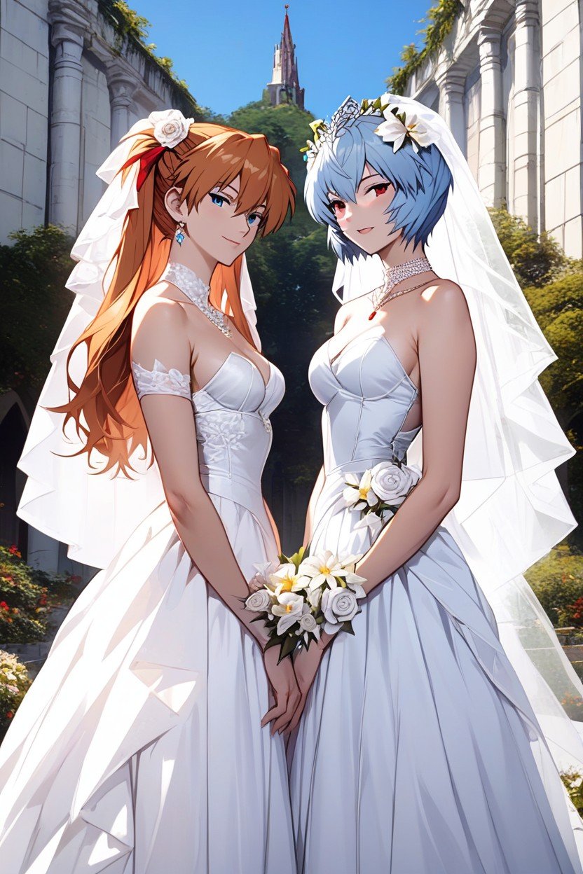 Wedding Ceremony, Ginger Asuka Langley Wear White Bride Wedding Dress, Full Clothed Hentai IA pornografia