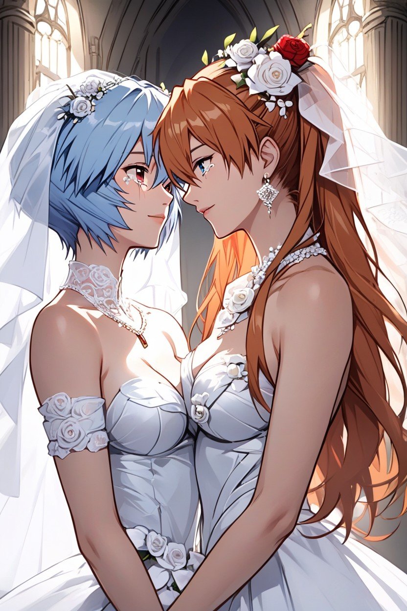 Only Ginger Asuka Langley Wear White Wedding Dress, Girls Standing Close To Each Other, Ayanami Rei헨타이 AI 포르노