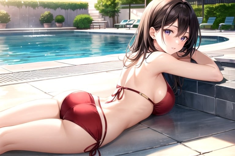 + Fit Brunette Blonde Stripe In Hair Red Bikini Round Boobs Belly Piercing Sunbathing By The Pool Anklet Show Feet Five Toes, 横乳ヘンタイAIポルノ