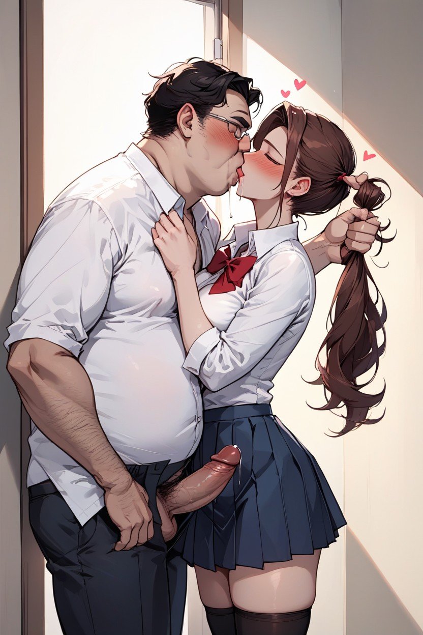 Horny, Kissing With Their Tongues In, Brown Twintails Hentai AI Porn