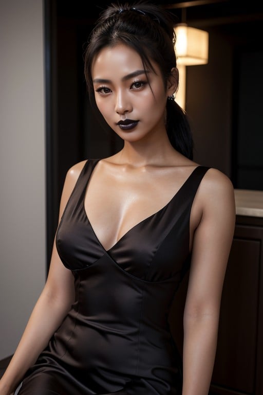 马尾辫, Dark Brown Skin, Black Lipstick Dark Black SkinAI黄片