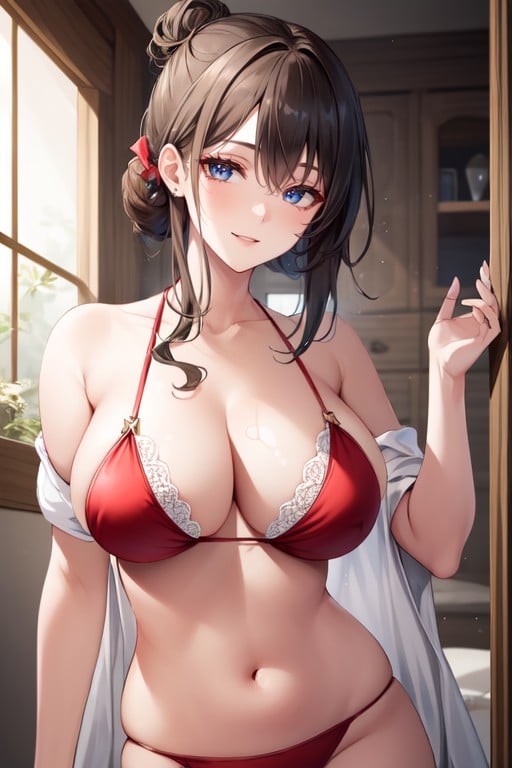 Brunette Hair Bun Fit Round Boobs Red Bikini Belly Piercing Smiling Arm JewelryAI黄漫