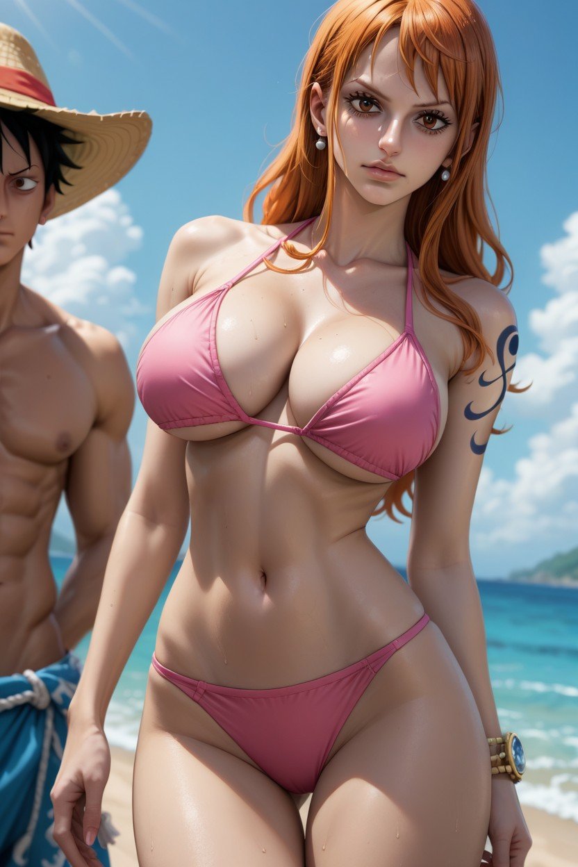 Nami From One Piece With Huge Boobs And Pink Bikini Kissed By Luffy, Generate A Scene With Two PersonsAI 포르노