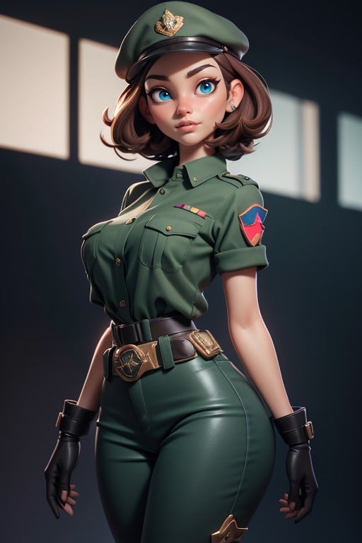 Green Military Shirt With Rolled Sleeves, Black Baseball Cap, Utility BeltAI 포르노