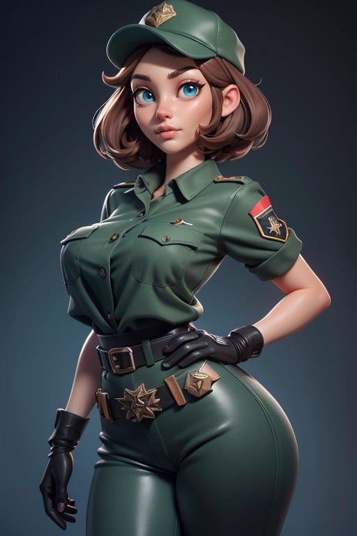 Green Buttoned Military Shirt, Very Short Hair, Perfect Body Proportions AI Porn