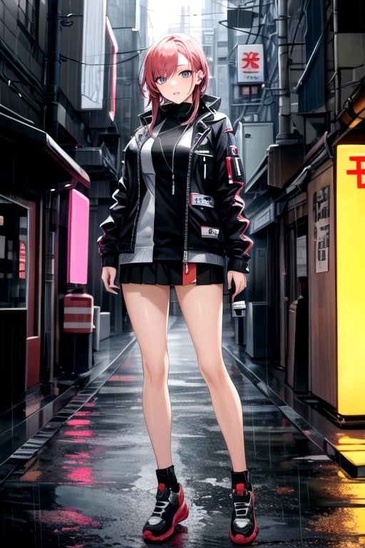 Raining, Cyberpunk Hacker, Mini Skirt AI Porn