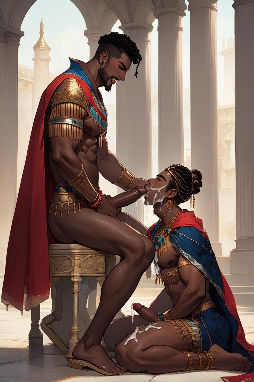 Gay Threesomeblowjobafrican American Man Sitting On A Gold Throneafrican American Man Getting A Blowjob From Asian Guy, Toga, Gozada Pornografia de IA