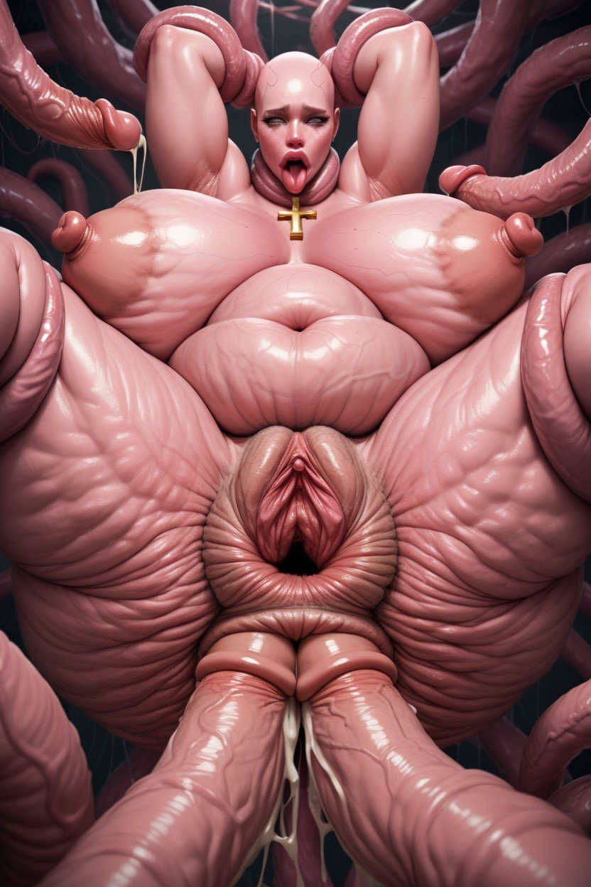 Hyper Pussy, Huge Lips; Enormous Lips, Pink Tentacle Pulling Leg Pornografia de IA