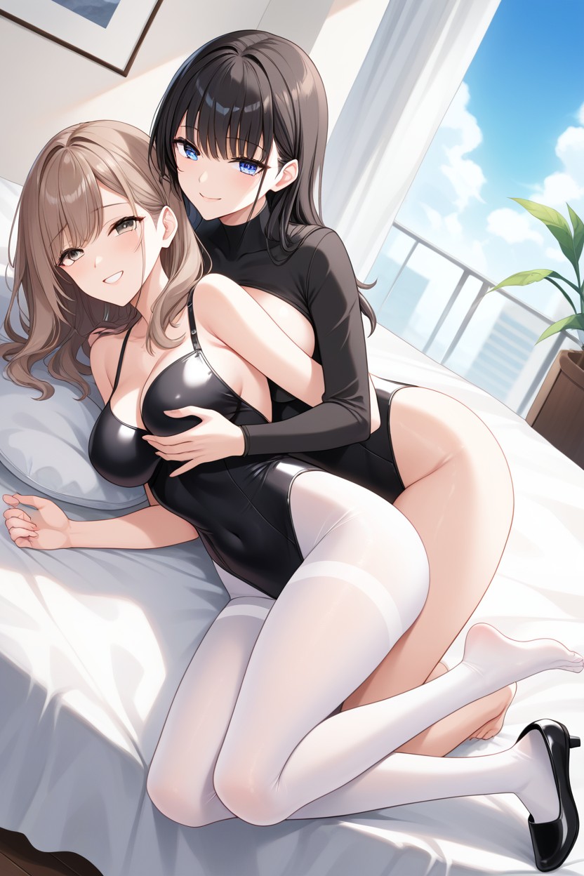 Opaque White Pantyhose, Long Sleeve Black Leotard, Beautiful Feet Legs Hentai AI Porn
