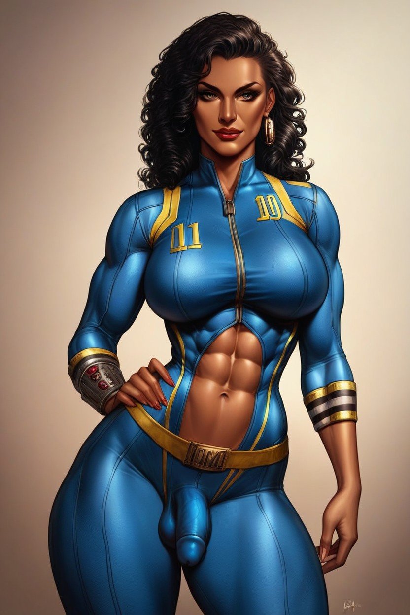 Vault Suit, Curly Black Hair, Abs Pornografia de IA