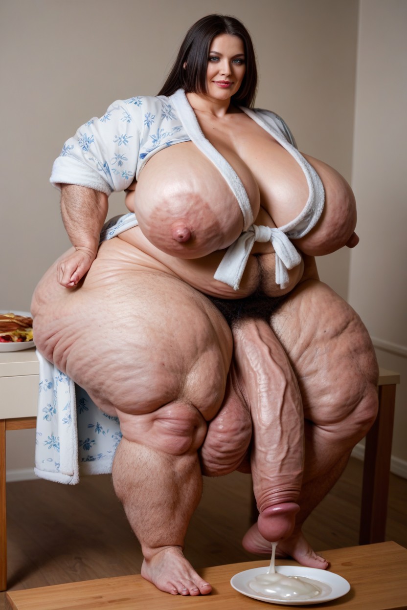 Extreme Hyper Testicles, Milf, Cock Resting On Table Shemale AI Porn