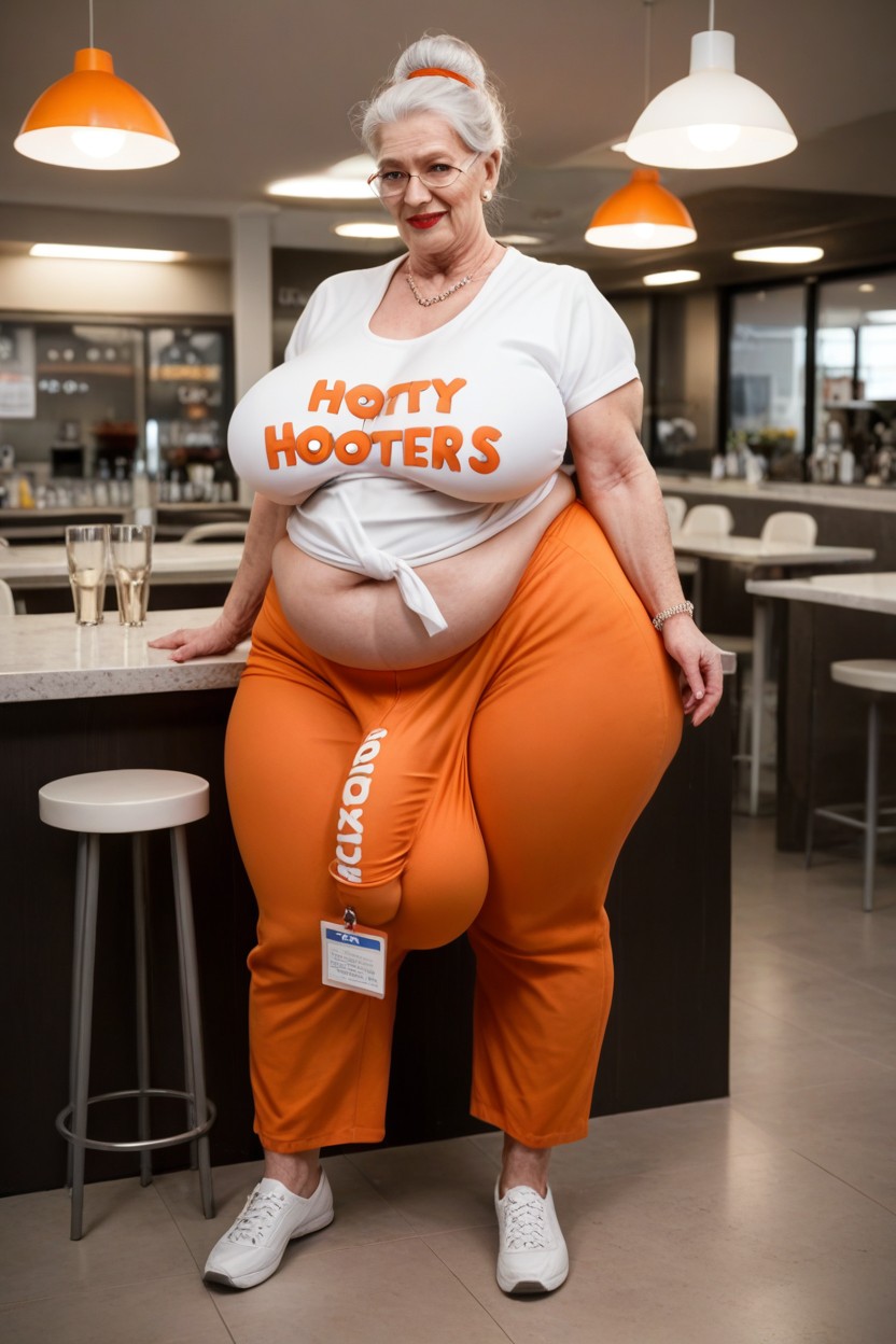 Standing In Hooters Restaurant, Pale Skin, Extremely Hairy Arms Shemale AI Porn