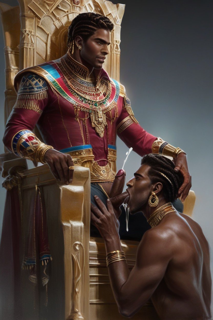 Gay, White Man Giving A Blowjob, African American Sitting On Gold ThronePorno AI