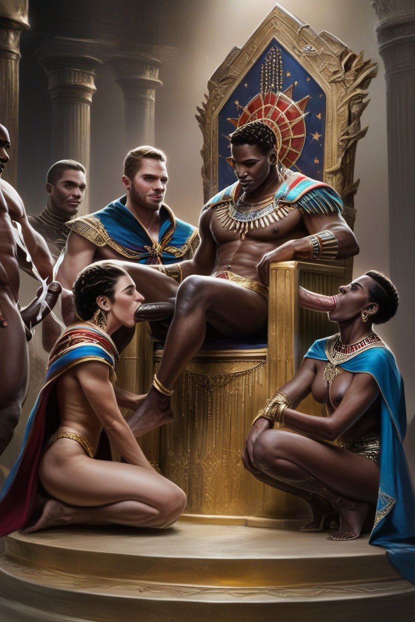 White European Man Sucking Black Hard Cock, Blowjob, African American Sitting On Gold ThroneAIポルノ