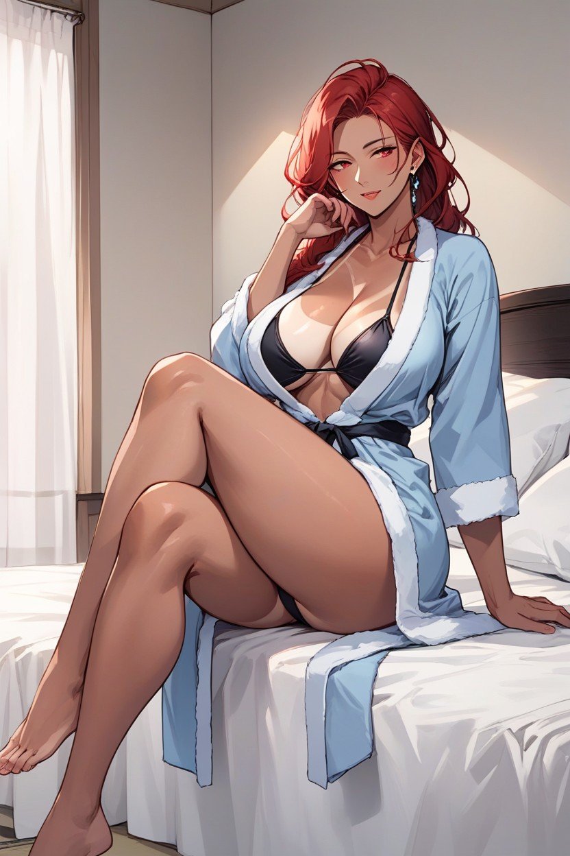 Sitting On Bed, Bikini Tan Lines, Red Hair Hentai AI Porn