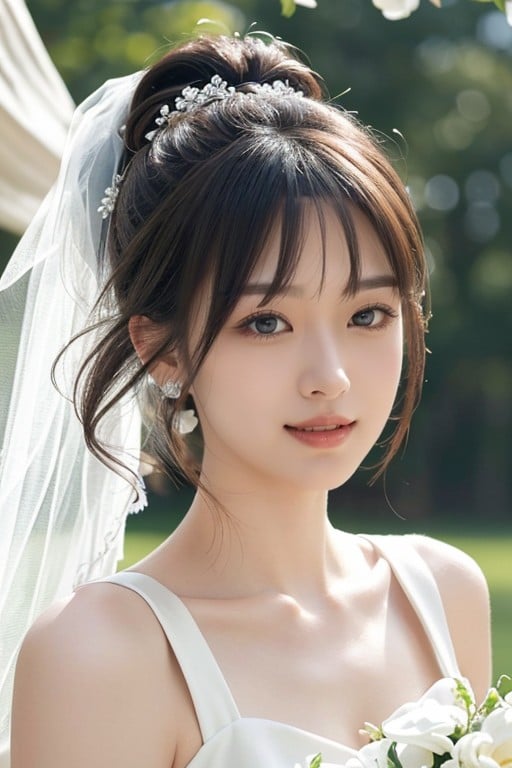 Ponytail, Wedding Dress, Bangs AI Porn