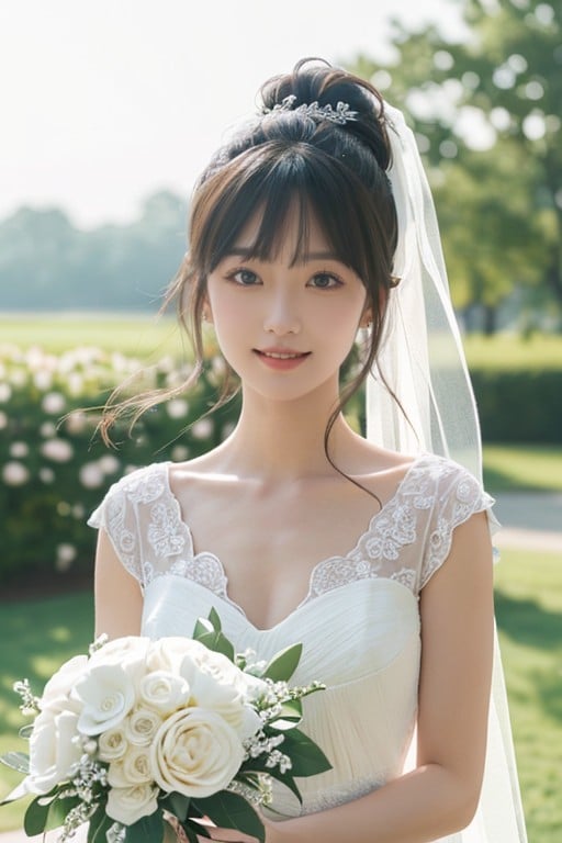 笑顔で口を開ける, ポニーテール, 結婚式AIポルノ