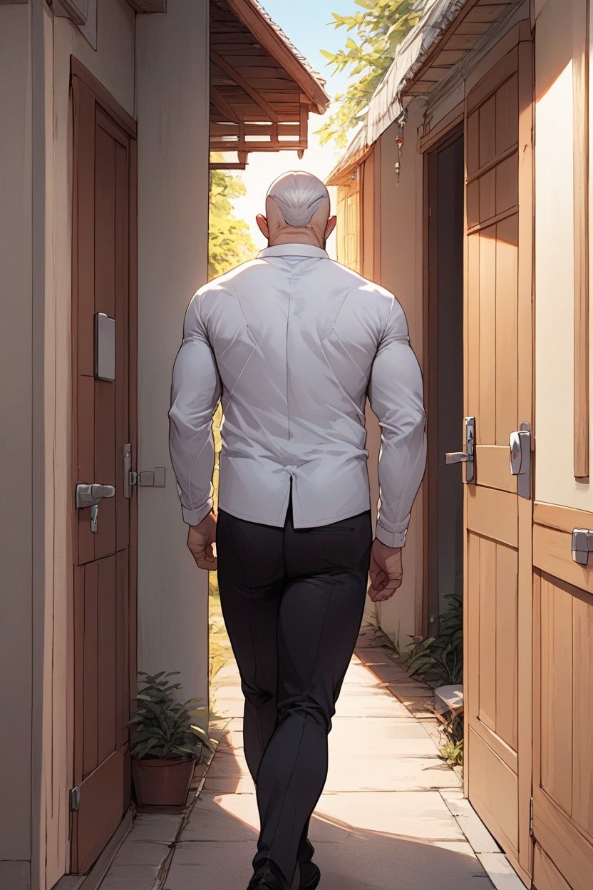 Leaving Big House, Bald Gray Hair, Walking Away Pornografia peluda com IA