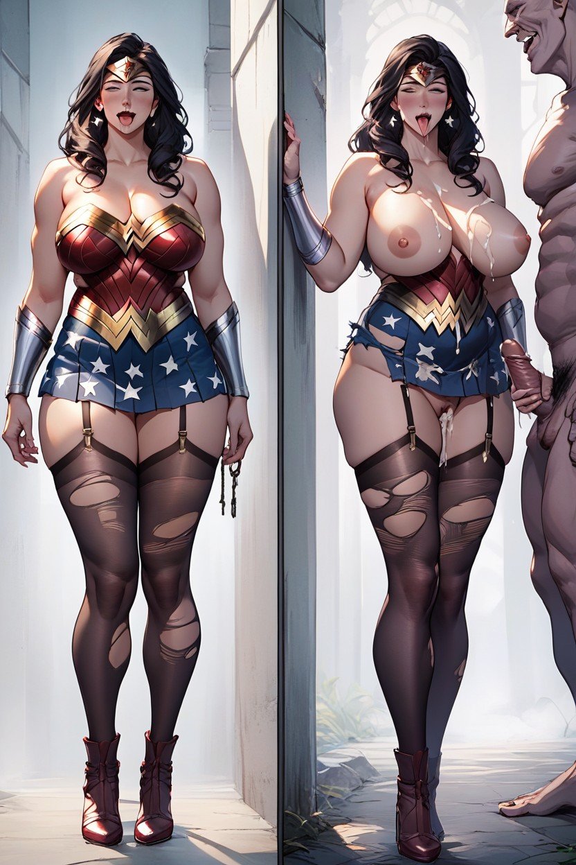 Standing, Wonder Woman Was Hypnotized Doing Handjob For A Monster And Cum Shot On Her Face, Full Body Image AI Porn