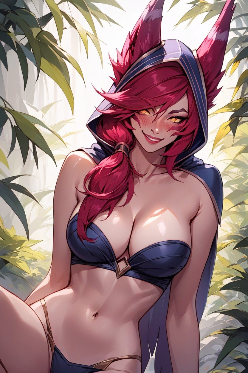 Strapless Bikini, Mischievous (smiling While Blushing), Xayah League Of Legends AI Porn