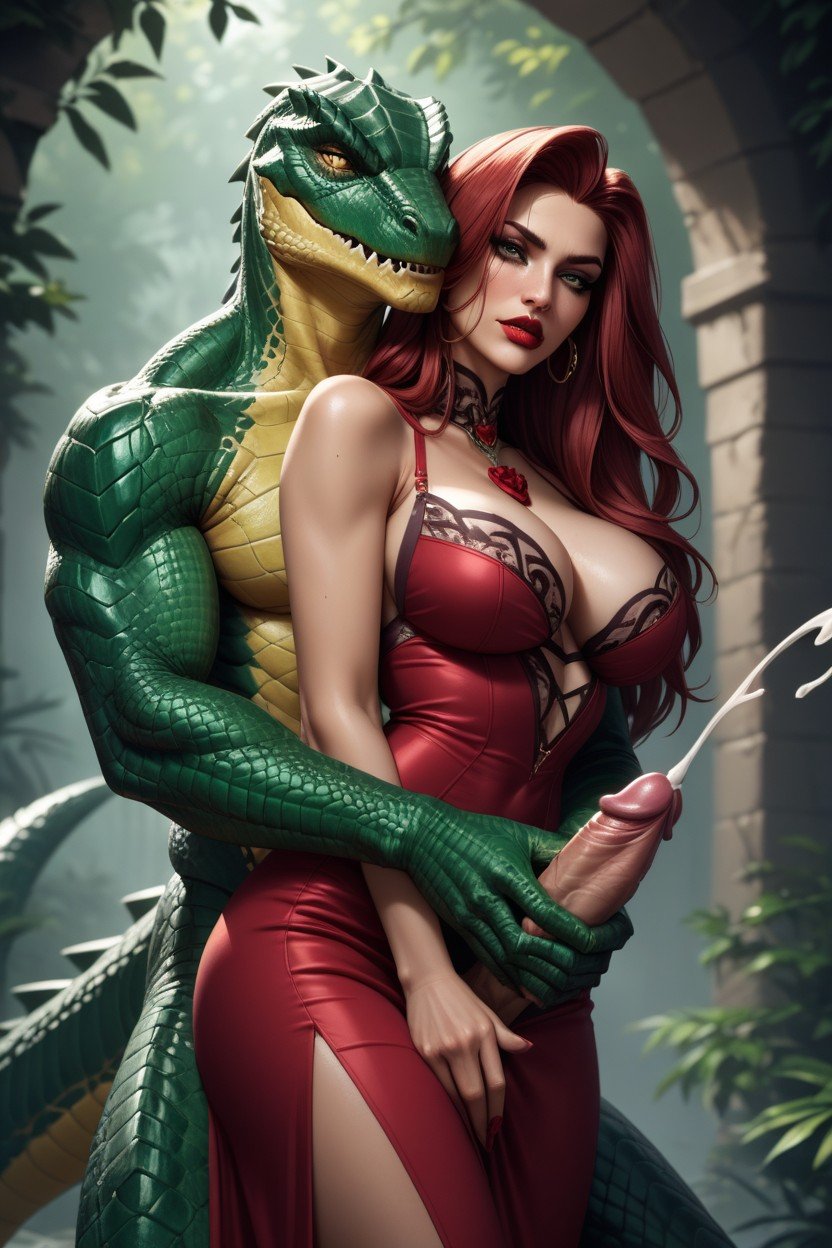 Beautiful Ivy Valentine, Giving Reach-around Handjob, Standing Behind Lizardman Pornografia de IA