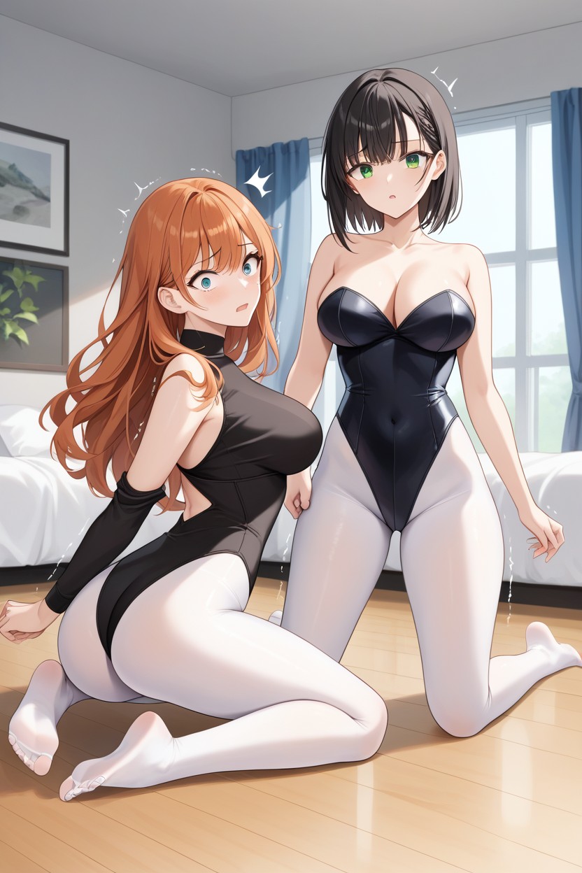 Kneeling, Long Sleeve Black Leotard, Pretty Feet Legs Hentai AI Porn