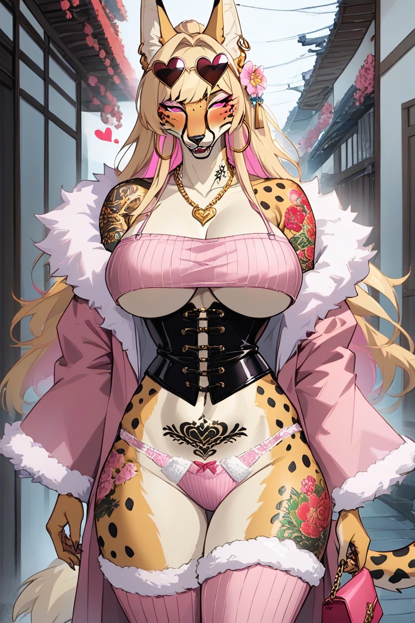 Heart Necklace, Blonde Fluffy Fur, Heart Sunglasses On Head Furry AI Porn