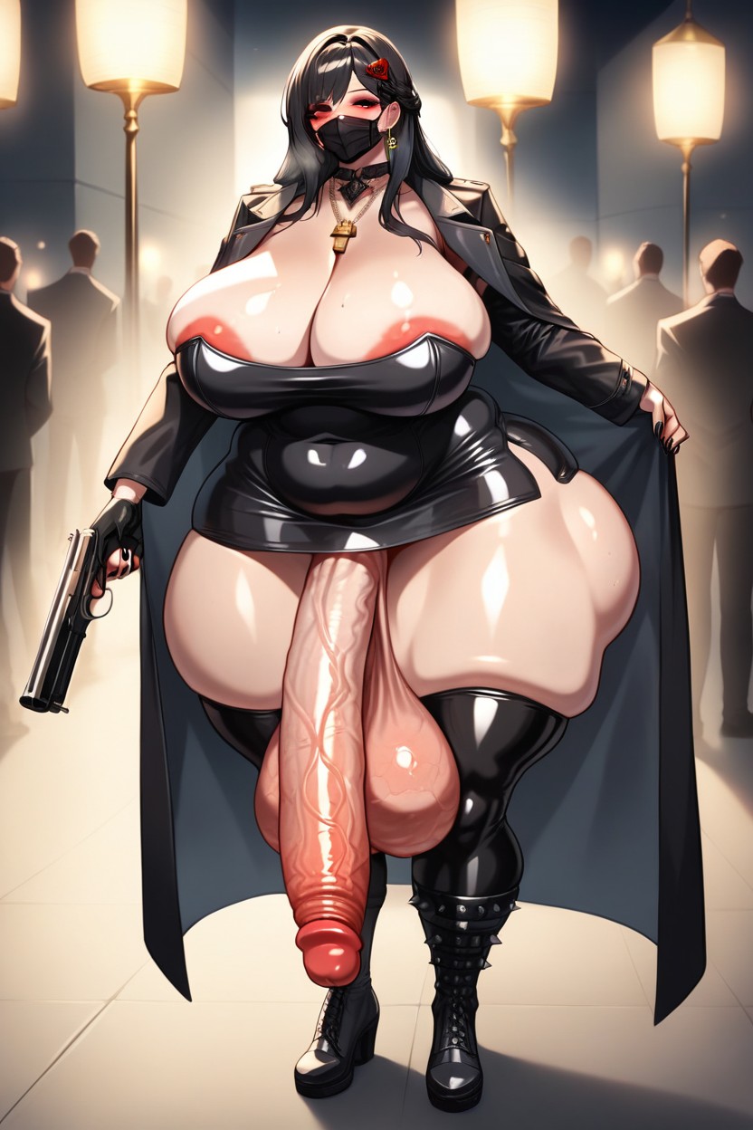 Hyper Penis, Red And Black Coat, Detailed Penis Veins Shemale AI Porn