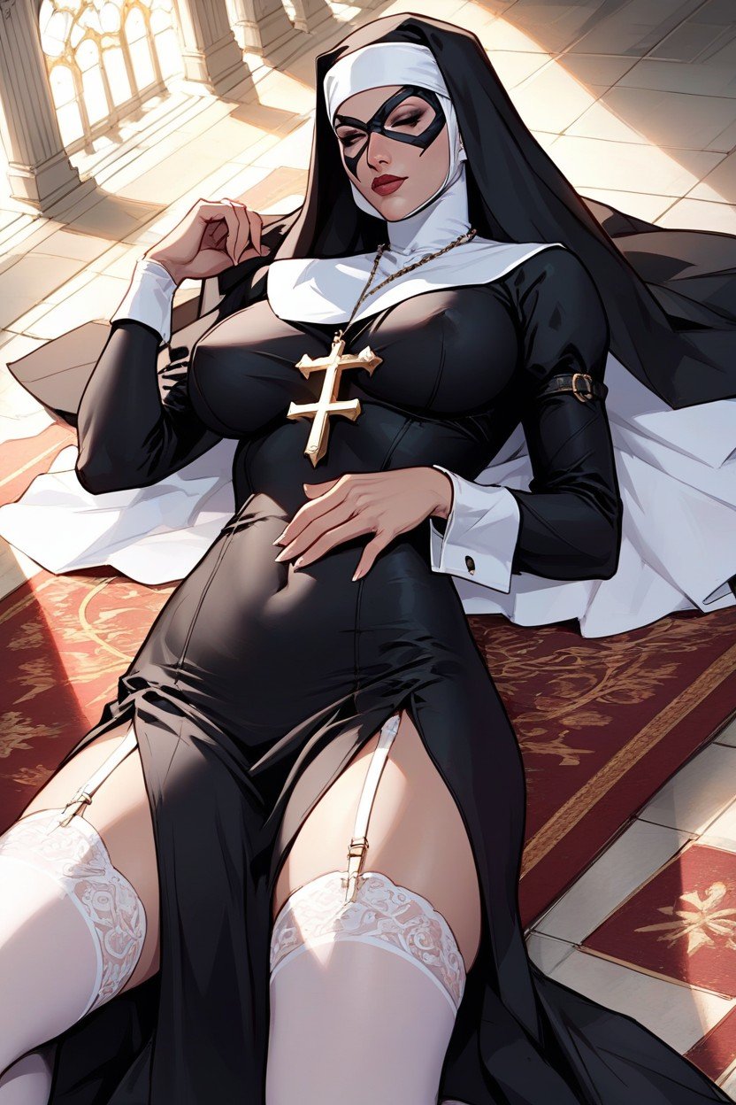 Lying On An Altar, Marvel Blackcat Wearing Black Domino Mask As A Nun Fully Clothed, 巫女AIポルノ