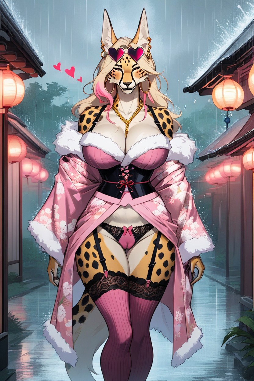 Kimono, Black Lace Bra Under Kimono, Lacey Bra Furry AI Porn